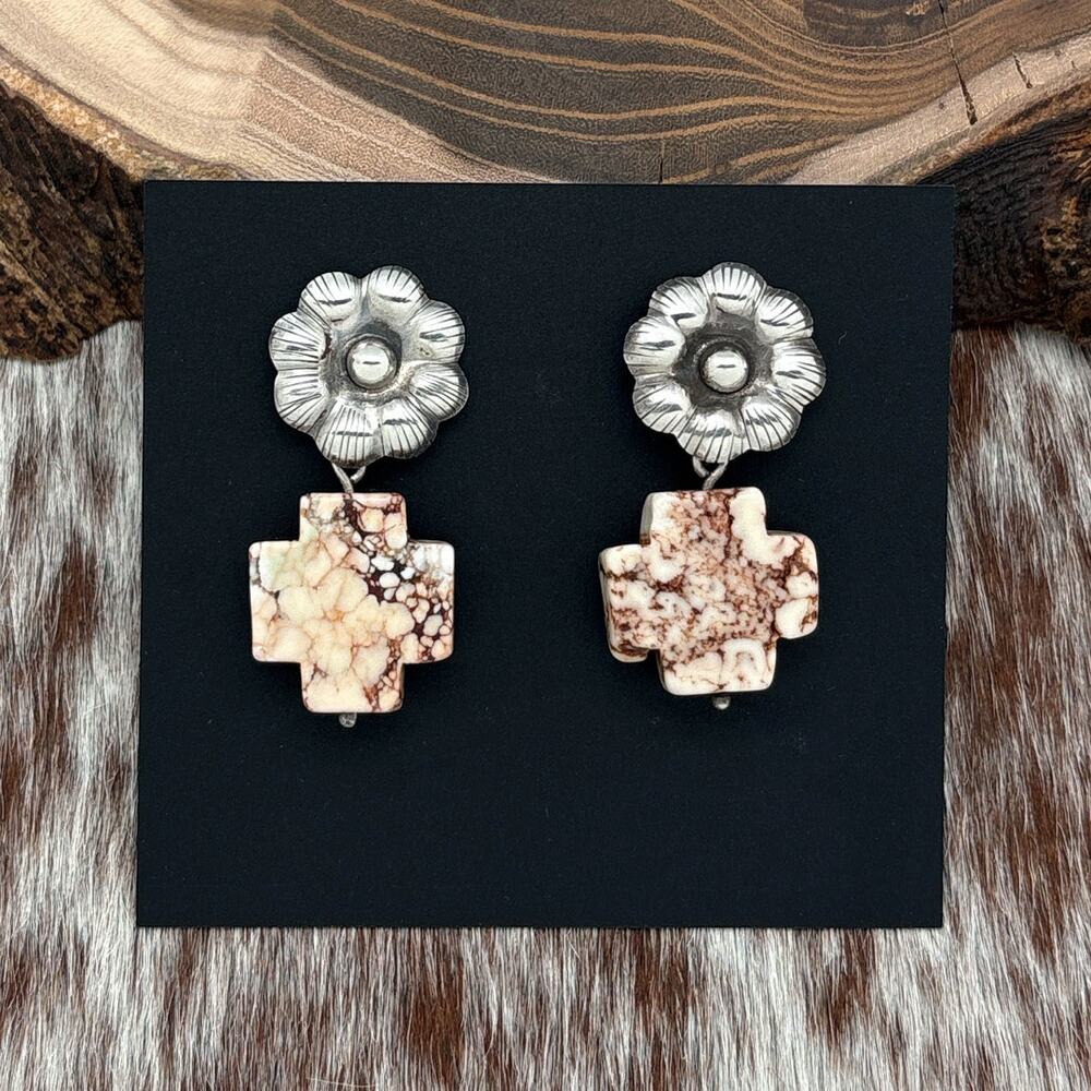 FEDERICO JIMENEZ Sterling Silver Flower Post & Jasper Cross Dangle Earrings